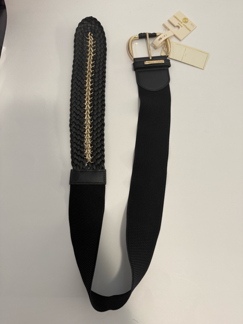 Adrienne Vittadini Black Braided Elastic Belt with Gold Hardware